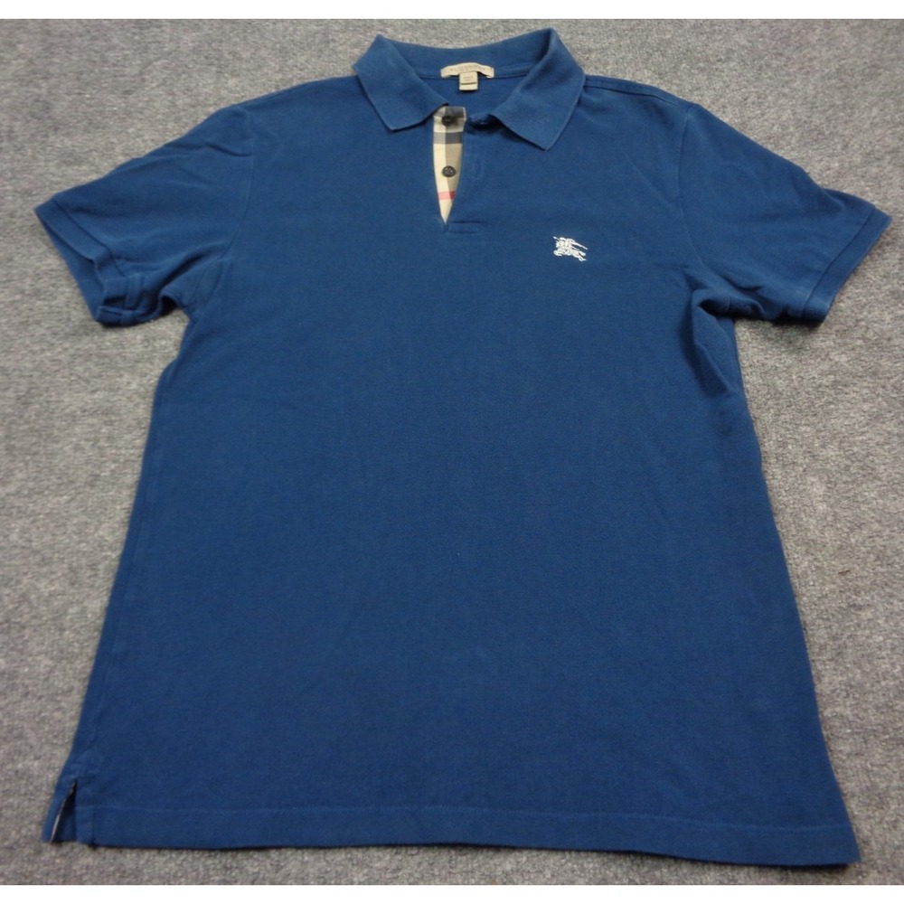 Burberry Brit Nova Check Placket Polo Shirt Mens Medium Blue Knight Logo